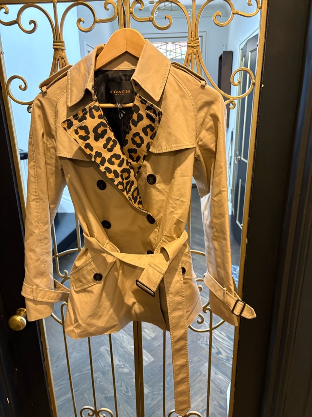 Coach Tan Trench Coat with Leopard-Print Lining xxs leather logo belt